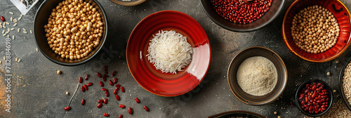 top view of a modern table with a few red premium ceramic plates and bowls on it. with empty copy Space The plates are filled with rice, beans, peanuts and other dry goods. 