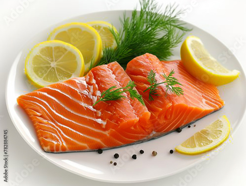 Slice of salmon on a plate isolated on white background. Fresh and raw. 
