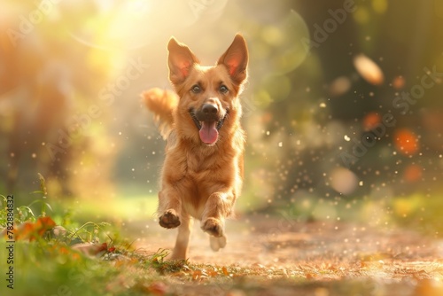 happy corgi puppy running in the green sunny nature. Beautiful simple AI generated image in 4K, unique.