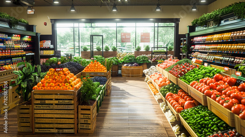 A well-stocked grocery store produce section with fresh fruits and vegetables displayed in wooden crates and refrigerated shelves.
