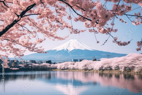  Cherry blossom trees are in full bloom along the river, with Mount Fuji in the background. 