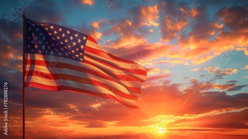 American Flag at Dusk, sunset backlight, close up, fragment