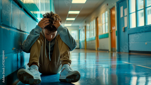 international day against violence and bullying at school, sad schoolboy sitting on the floor at school with his head in his hands, bullying at school