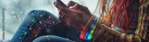 Hands texting, rainbow bracelet in focus, casual style, connectivity theme , no grunge, splash, dust