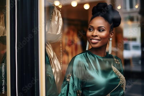 Stunning adult African American Woman in a Teal Dress with Diamond Earrings. Fictional Character Created by Generative AI.