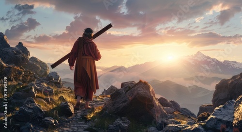 Light and clouds on a sunset hill and Jesus carrying the cross of suffering symbolizing death, sacrifice and resurrection