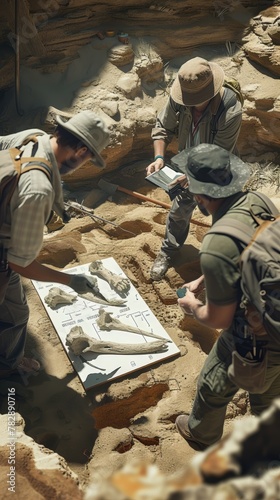 paleontological dig site, focusing on the discovery and examination of large bird bones