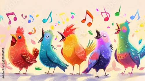 a group of colorful birds standing in a row singing. there are colorful music notes floating in the background and around the birds