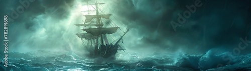 Haunted pirate ship crew navigating through stormy seas in search of buried treasure with the help of a spectral map