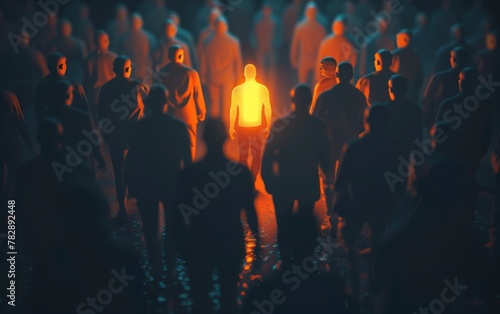 Be Standout 3D Concept, One Man Glowing Among Other People in Dark Condition