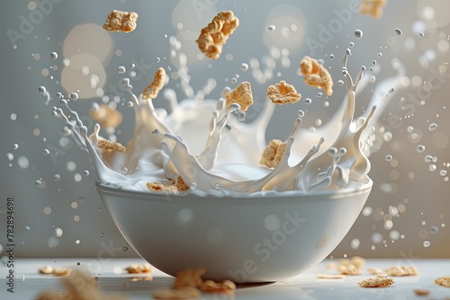 A 3D model of a cereal bowl with milk cascading over the edges