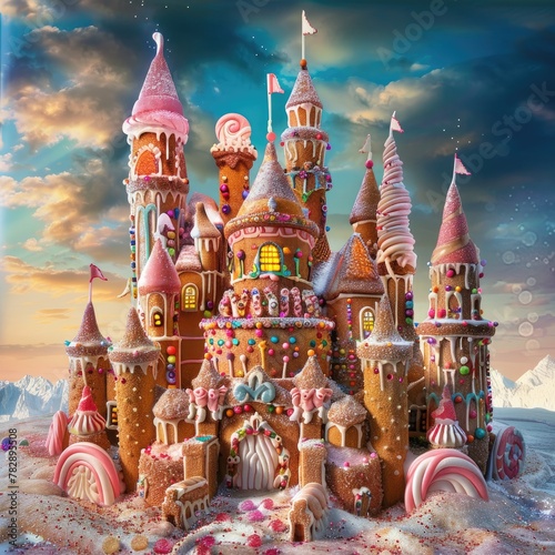 A castle made of gingerbread, adorned with icing and candy jewels, under a sky of spun sugar.