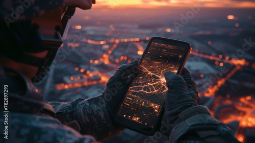 A visual metaphor of a smartphone app with military communications, depicting the modern tools of warfare and business
