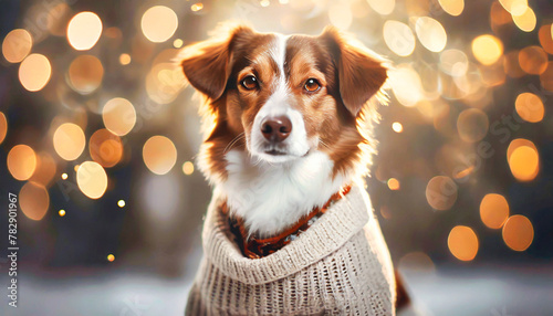 Portrait of a cute dog in a massive bright sweater