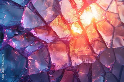 An abstract image depicting broken glass pieces with a play of pink and blue light reflections creating a dramatic effect
