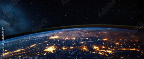 Illuminated Earth at Night from Space View