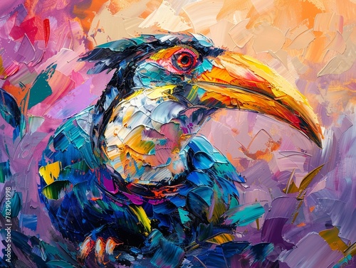 Oil painted abstract of a Hornbill bird, palette knife technique, in vibrant serene hues, on a vivid canvas with dramatic lighting and rich highlights