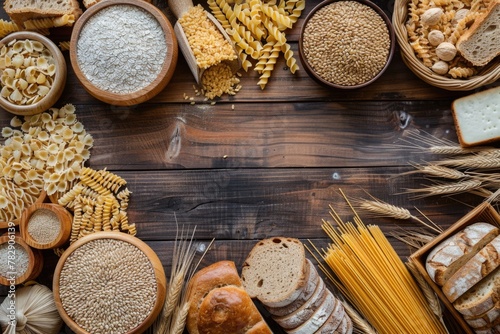 Top view of various types of bread, pasta and grains on a wooden table.