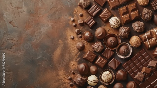 World Chocolate Day Concept. Various chocolates in dark color. Space for text. Banner, background, template. Happy chocolate day. Delicious background.