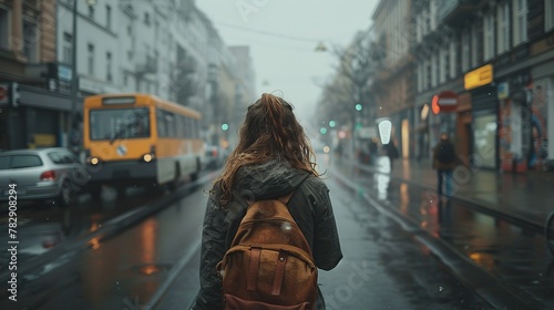 Rainy city stroll with young woman