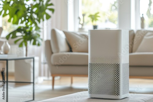 White air purifier in a modern living room, a home air quality control system concept.