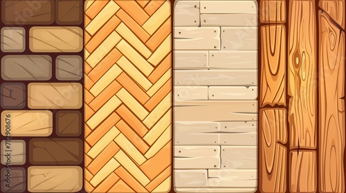 A modern cartoon seamless pattern consisting of a top view of wooden laminate and old vintage floor surface made from wood boards with patterns of a parquet floor, a herringbone floor, and rectangle