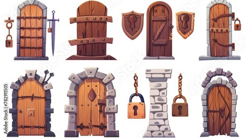 Old medieval wooden doors with stone brick wall closed by padlock, chain, and hasp isolated on white background. Modern cartoon set of game icons of medieval wooden gates with stone brick walls.