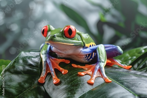 Gros plan sur une grenouille verte sur une feuille » IA générative. Beautiful simple AI generated image in 4K, unique.