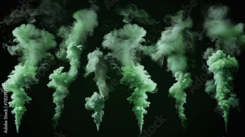 Modern illustration of green smoke clouds on a black background, showing bad odor, chemical toxic gas, mist over a magic poisonous potion, and stinky steam.