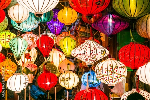 Beautiful view of colorful Japanese lanterns for background use