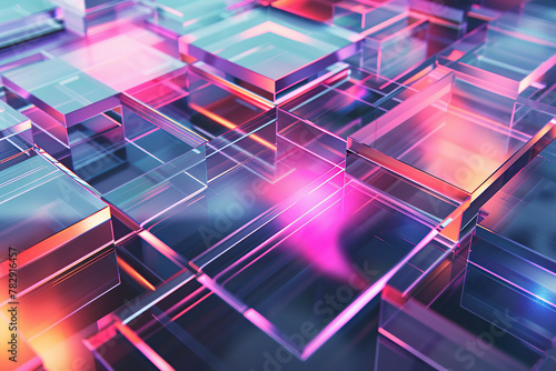 horizontal image of colourful glowing transparent abstract cubes and layers background