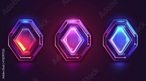 Animated sci fi neon game rank avatar metal hexagon frame modern set. Cartoon isolated futuristic iron level border badge. Steel user asset kit. Empty silver ranking template.