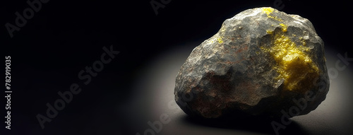 Liebigite is a rare precious natural stone on a black background. AI generated. Header banner mockup with space.