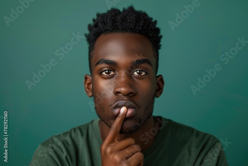Close up portrait of young African American man with finger on lips looking at camera.