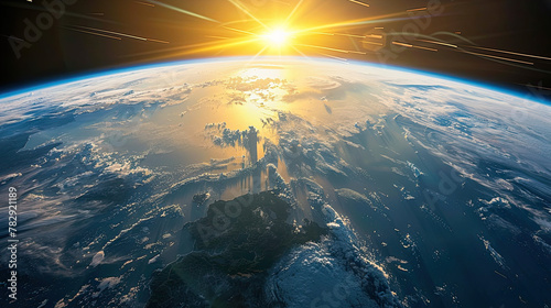 Curvature of planet Earth. space view of earth planet from space. Sunrise over globe land and ocean