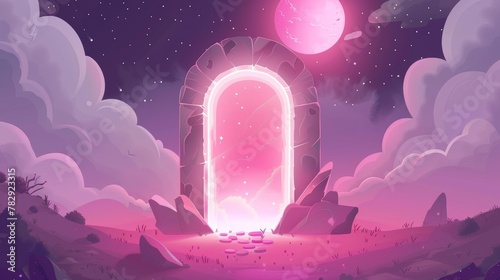 This cartoon modern dreamscape with magical stone door that glows pink from the inside represents a portal to a parallel reality, another dimension or level in a video game.