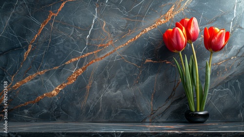 Deep black marble background, accentuated with bold rose gold veins and decorated with vibrant red tulips. Luxury design for wedding, mother's day, ceremonial and celebration, fashion.