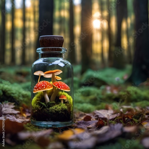 AI generated illustration of an insect bottle with mushrooms in natural setting