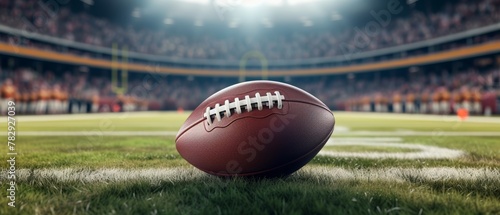 Realistic American football ball lies on the football field. Against the backdrop of the stands with fans.