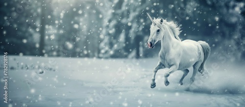white unicorn running in the snow. 