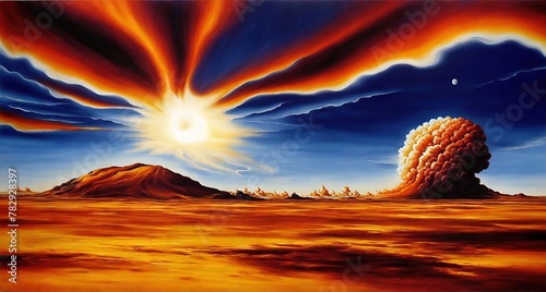 A barren desert landscape with a sun setting in the background.