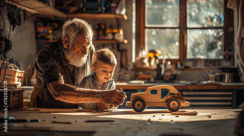 Grandfather building up a wooden toy with a grandkid, AI-generated.