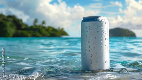 The plain soft-drink can 330ml, floating in the ocean with tropical islands in background. Generated by artificial intelligence.