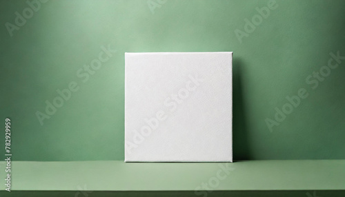 Mock-up of white square canvas on light green background. Blank poster.
