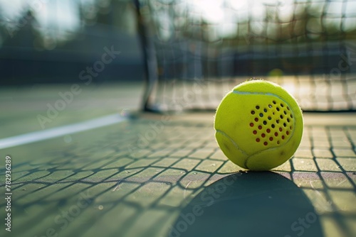 Green pickleball ball close-up on a pickleball court, with space for text. Beautiful simple AI generated image in 4K, unique.