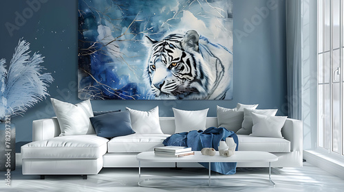 blue and white living room interior