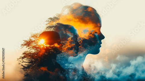 With in the area with a white background, the Double Exposure of the person, family, woman reflects a joyful expression. A livable world happy concept.