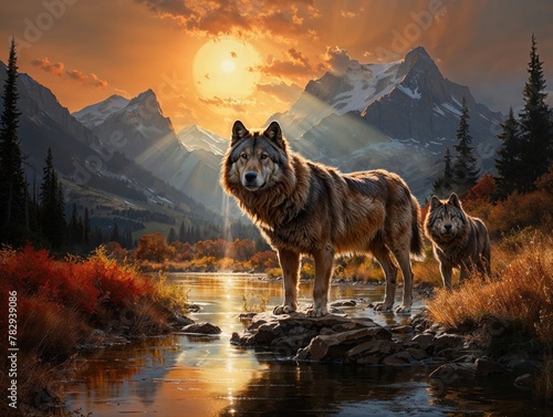 AI generated illustration of wolves by the river at golden sunset