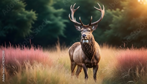  majestic stag standing amidst tall, wild grasses