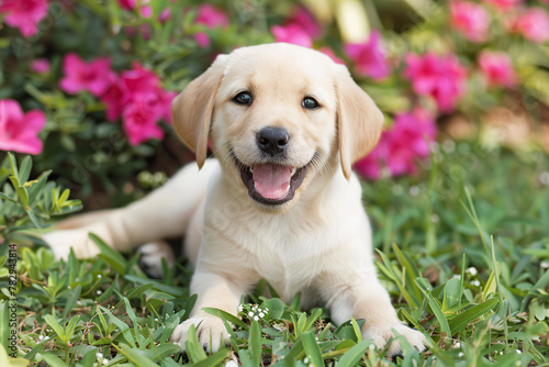 Cute Labrador puppy plays in the garden with pink flowers, sits on the green grass and smiles at the camera. Adorable golden retriever puppy looking happy. Cute and playful pets. Place for text